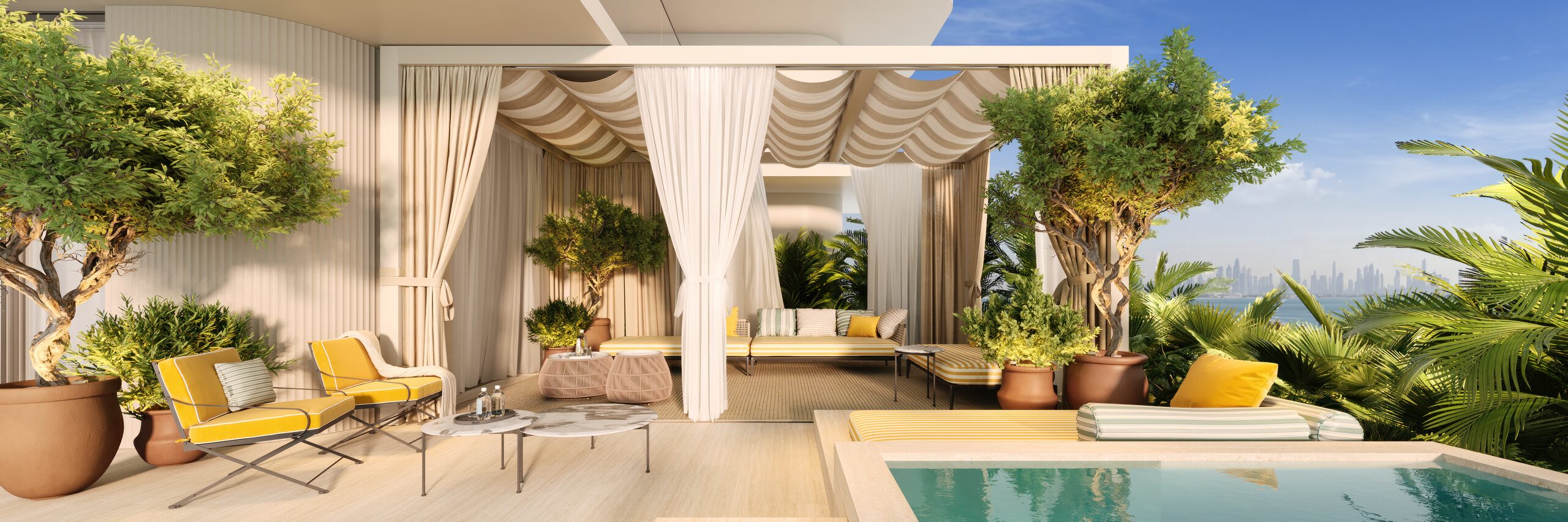 LE CHÂTEAU PIÉTRUS penthouse living room with floor-to-ceiling marina views