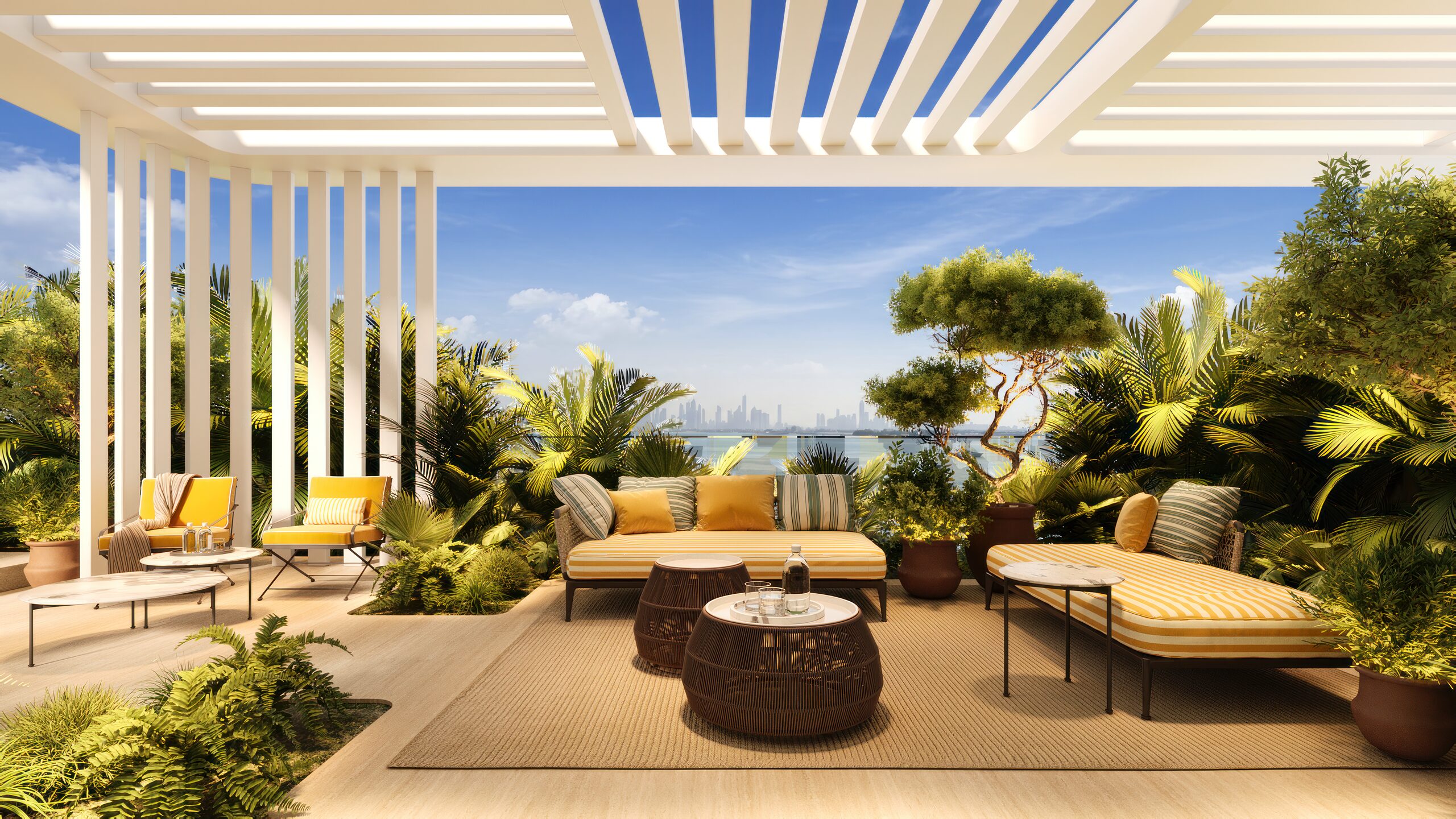 LE CHÂTEAU PIÉTRUS private podium terrace and pool with Dubai Islands marina outlook