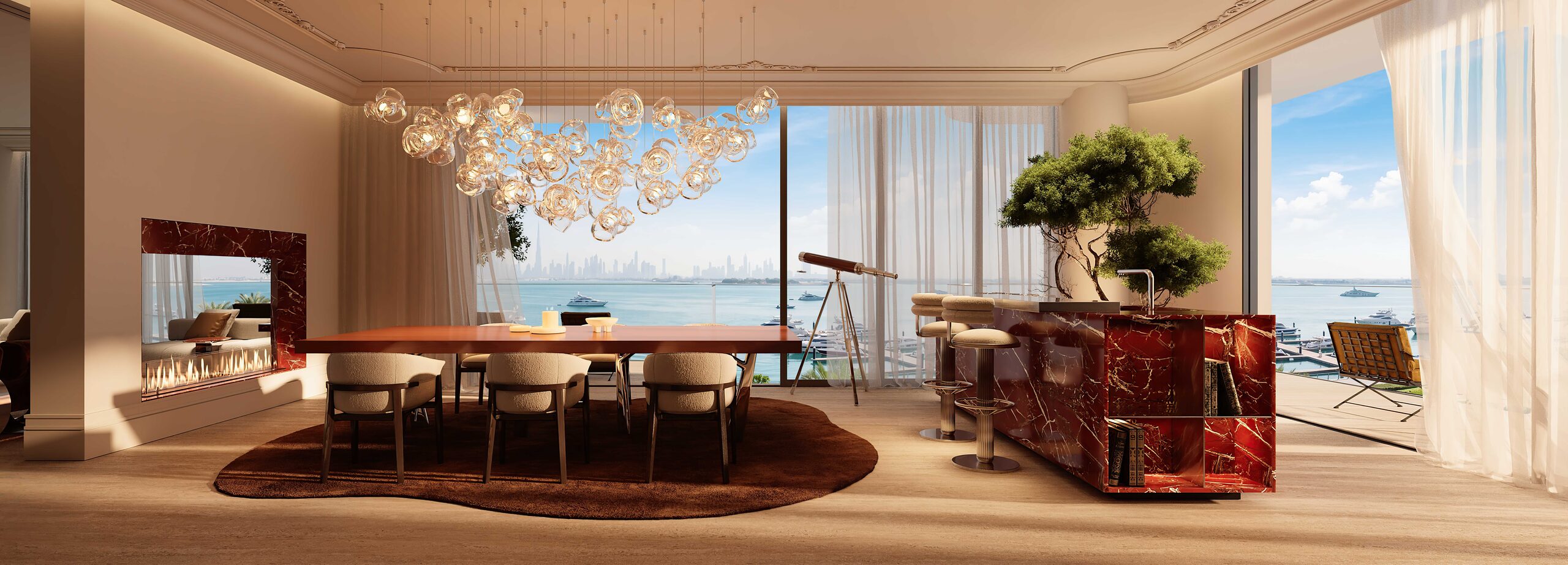 LE CHÂTEAU PIÉTRUS penthouse living panorama toward Dubai Islands marina