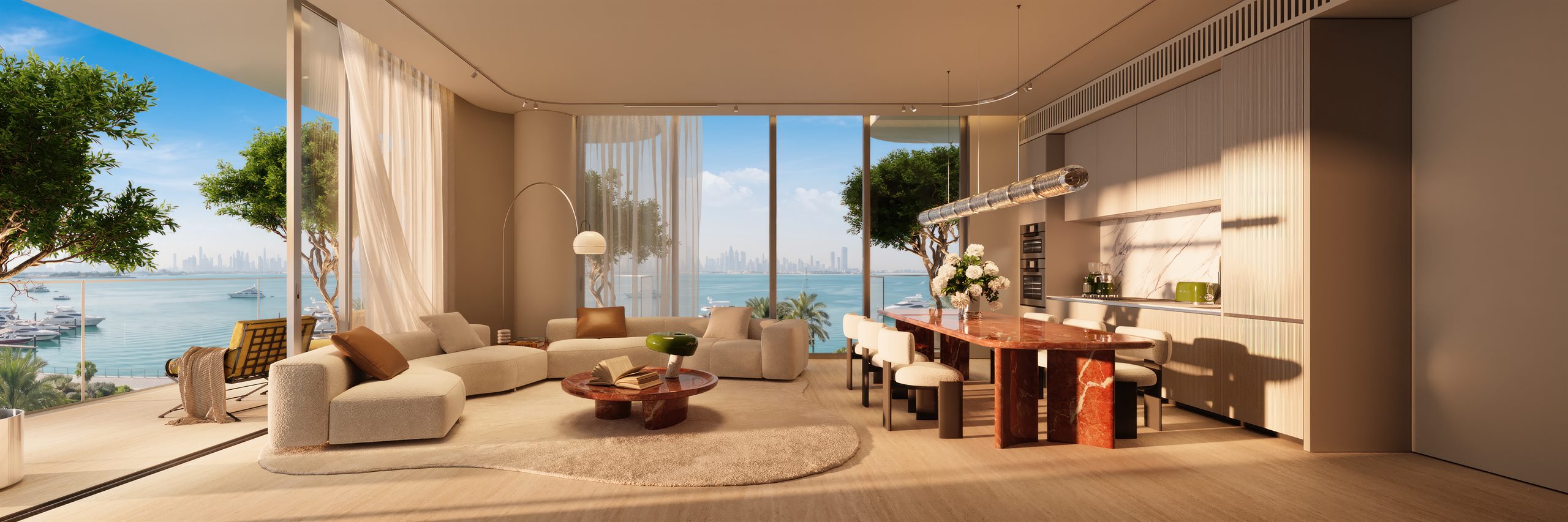 LE CHÂTEAU PIÉTRUS living room with European furnishings and marina light, Dubai Islands