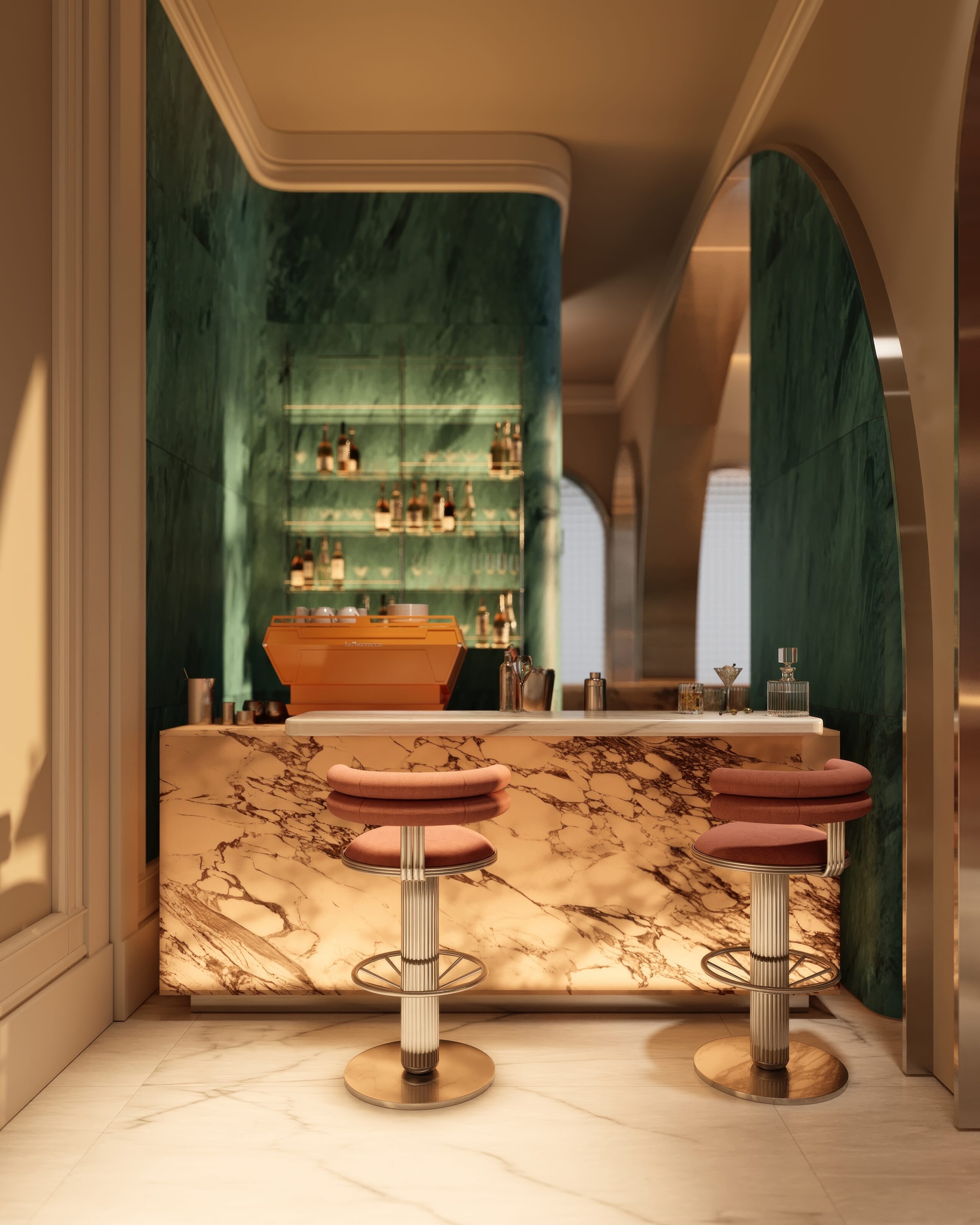 LE CHÂTEAU PIÉTRUS Grand Lobby with fireplace, marble and Atelier Oï lighting