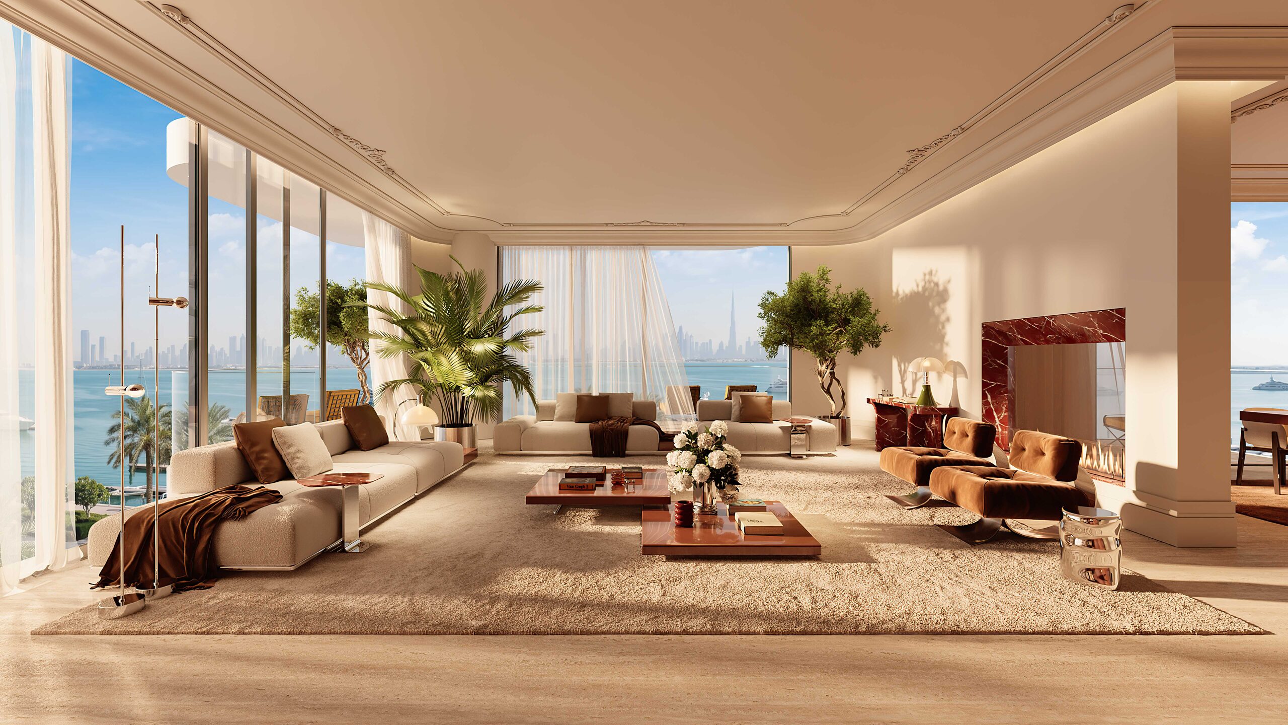 LE CHÂTEAU PIÉTRUS penthouse living area with Dubai Islands marina skyline