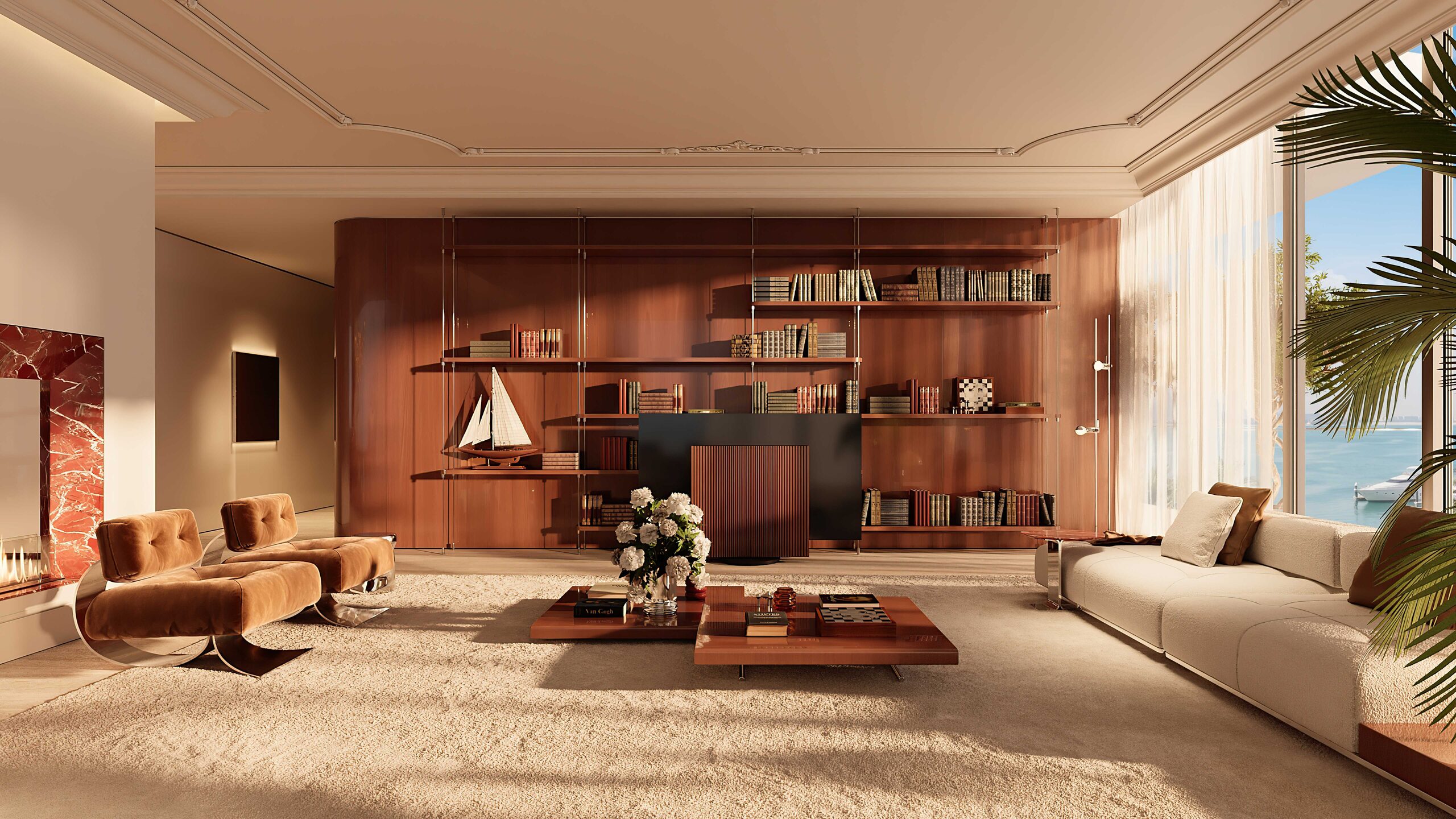 LE CHÂTEAU PIÉTRUS living room with European furnishings and marina light, Dubai Islands