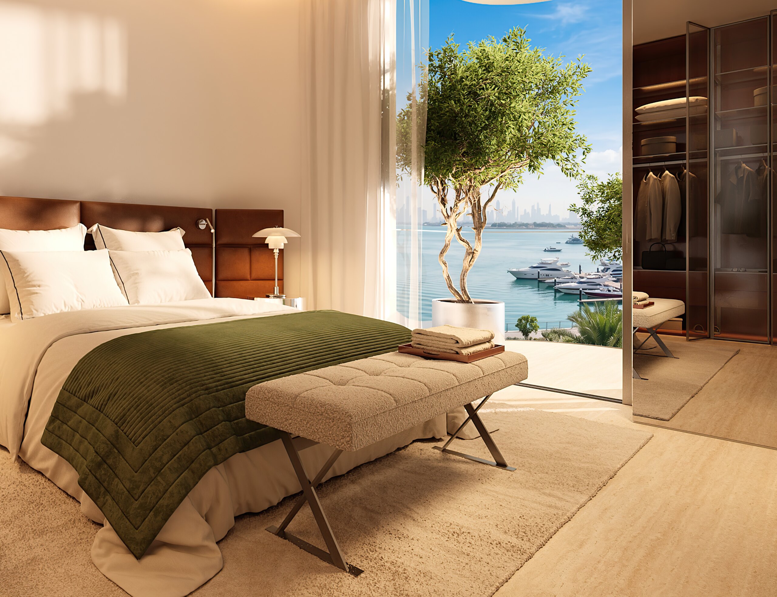 LE CHÂTEAU PIÉTRUS bedroom terrace overlooking Dubai Islands marina yachts