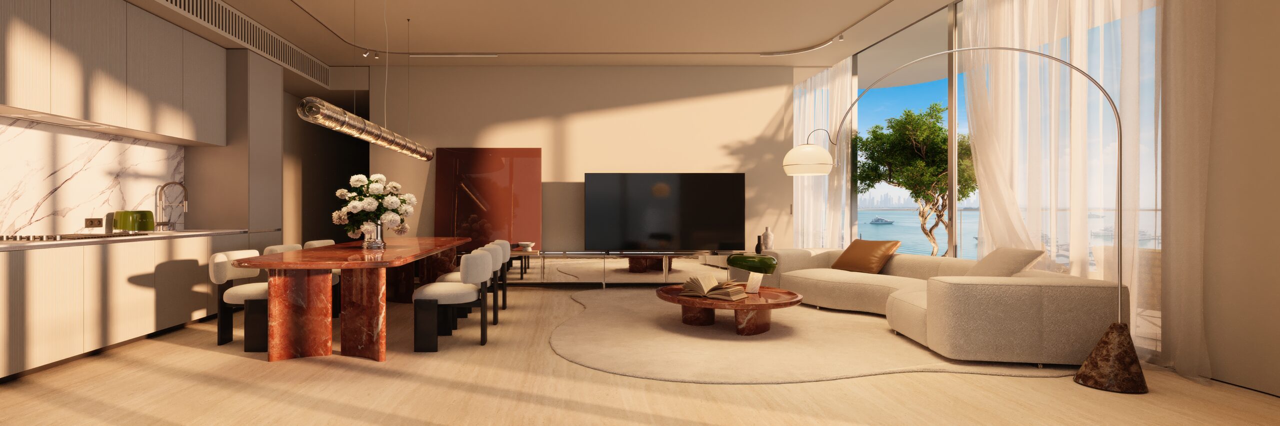LE CHÂTEAU PIÉTRUS living room with European furnishings and marina light, Dubai Islands