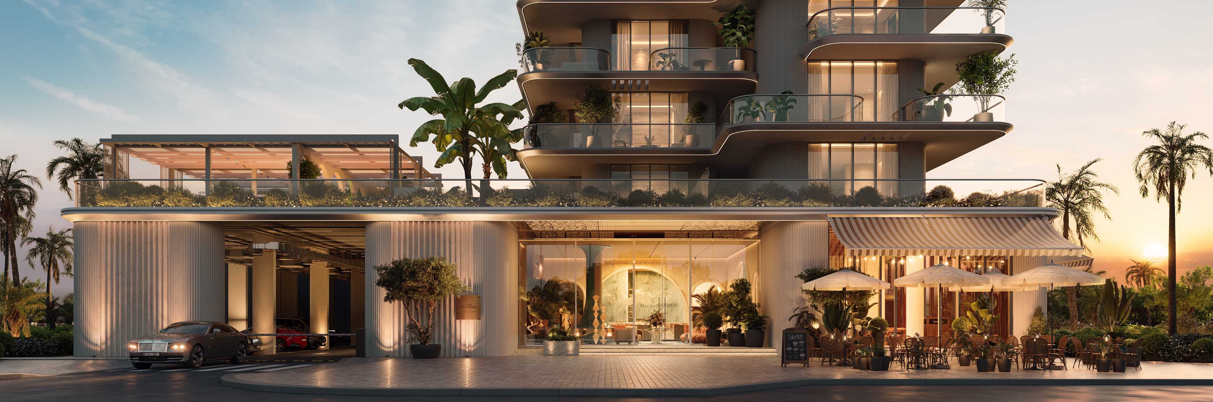 LE CHÂTEAU PIÉTRUS street-level facade and French brasserie at dusk - Dubai Islands